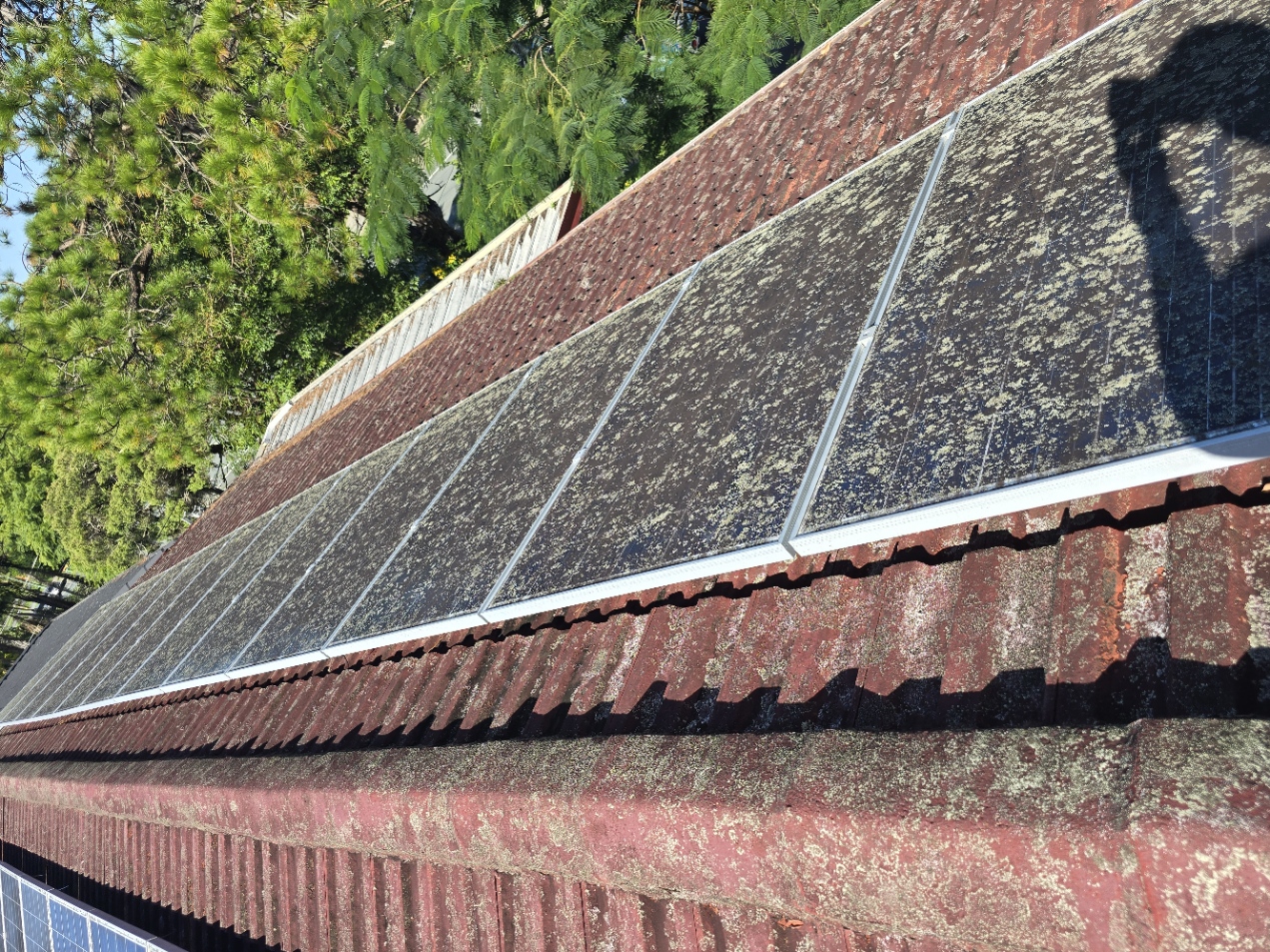 Dirty solar panels covered in dust and bird droppings