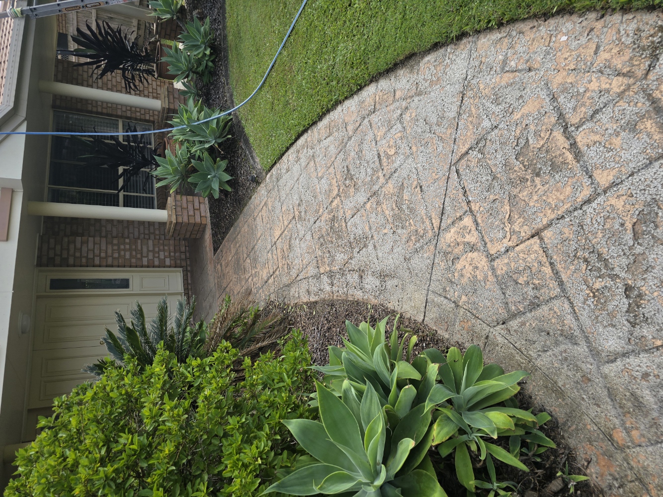 Decorative concrete pathway before cleaning and sealing — weathered and stained on SEQ property